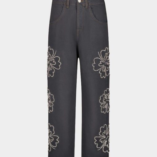 우븐 자수 히비스커스 데님 팬츠