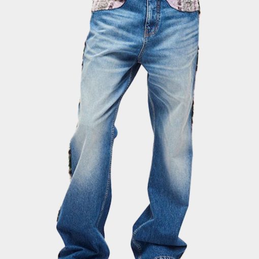 블루 체크 무늬 퍼지 데님 소재의 부츠컷 부츠컷 팬츠